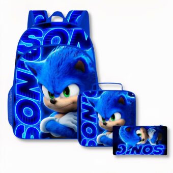 Sac à dos bleu à l'effigie de Sonic, composé de 3 pièces; 1 sac à dos, 1 sac déjeuner et une trousse