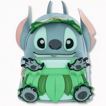 Sac à dos pour enfant à l'effigie de Stitch de couleur vert et bleu, sur fond gris clair