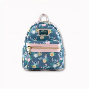 Petit sac à dos bleu et rose pour enfant à l'effifie du personnage Stitch, orné de détail fleuri, sur fond blanc