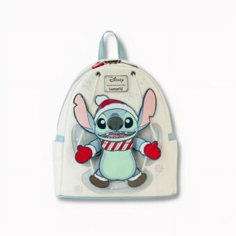 Sac à dos pour enfant à l'effigie du personnage Stitch habillé aux couleurs de noel, sur fond gris clair