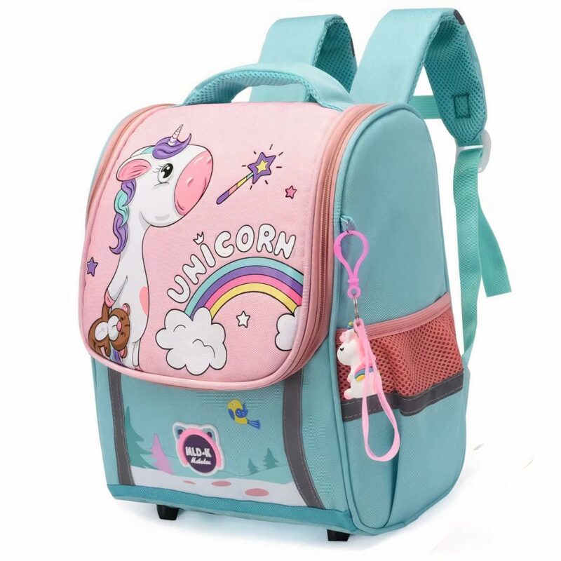 Sac à dos sur le thème des licornes, il est de couleur bleu et rose pastel. On peut apercevoir sur le rabat du sac qui est rose, une licorne qui tient dans sa patte droite un ours en peluche marron du type teddy bear. Il y a un arc-en-ciel avec écrit unicorn au-dessus, une baguette magique et des étoiles. À droite de l'image, il y a d'accroché une petite breloque en motif de licorne blanche et rose. Puis ses oreilles et sa queue ont un arc-en-ciel de couleurs bleu, rose et jaune. Le fond de la photo est blanc.