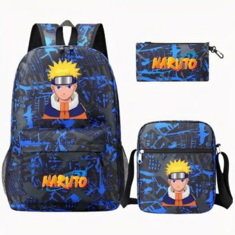 Sac à dos bleu et noir avec la tête de Naruto sur le haut du sac. L'inscription Naruto sur la poche avant dans les tons orangés. A droite, un sac à bandoulière et une trousse assortis.