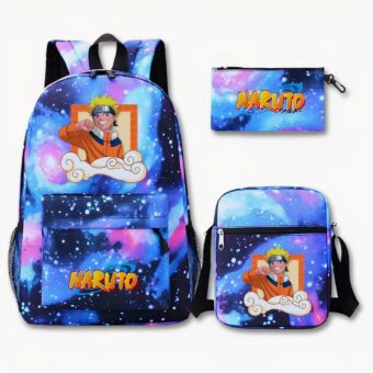 Ensemble de trois pièces Naruto dans les tons bleu et violet : un sac à dos à gauche avec la tête de Naruto sur le haut, une trousse en haut à droite et un sac à bandoulière en bas à droite.