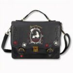 Sac à dos cartable noir style vintage avec dessin de silhouette de femme sur le devant, pour femme, sur fond gris clair