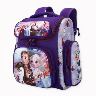 Sac à dos d'écolière violet avec motif Elsa et Anna, les personnages de la reine des neiges.