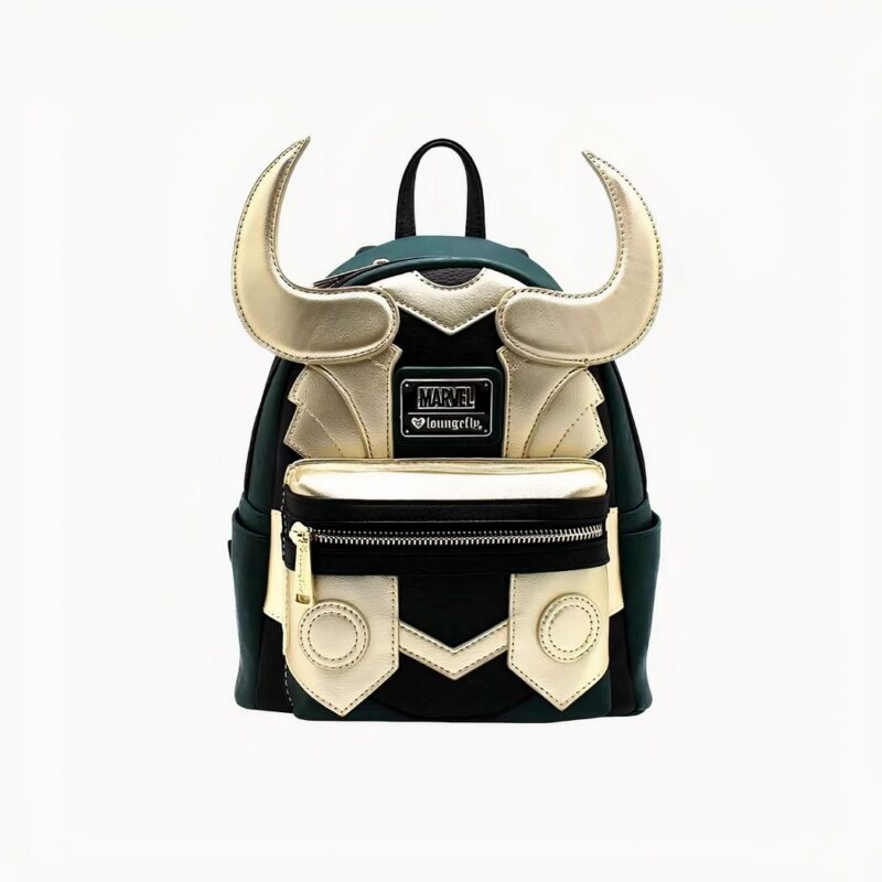 Sac à dos pour fille au design de Loki, le personnage de Marvel, de couleur noir et doré avec des cornes sur le devant.
