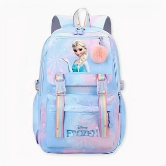 Sac à dos bleu pour enfant avec le personnage d'Elsa Reine des Neiges et un pompon accroché devant.