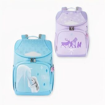 2 sacs à dos cartable pour enfant à l'effigie de la reine des neiges. l'un est bleu l'autre mauve.