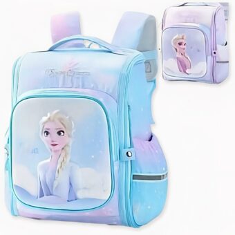 2 sacs à dos orthopédiques reine des neiges. L'un bleu, l'autre mauve sur fond blanc