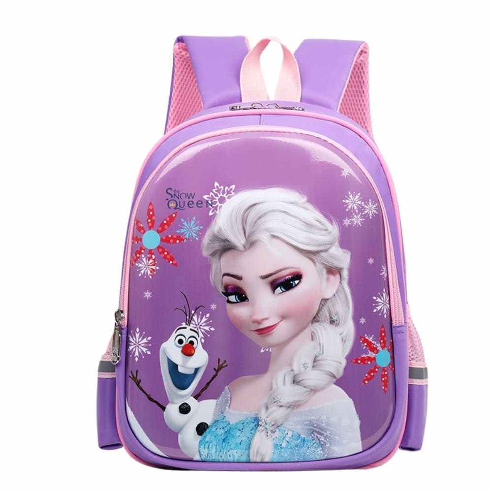 Sac à dos reine des neiges pour enfant de couleur violette, sur fond blanc cassé