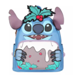Petit sac à dos bleu et blan à l'effifie du personnage Stitch avec le look d'Elvis Prestley, sur fond gris clair