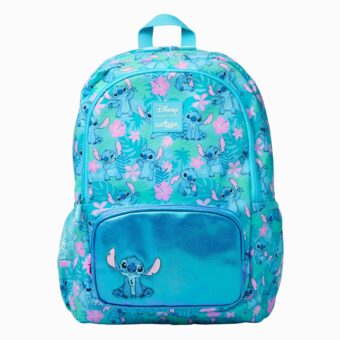Sac à dos Stitch poche bleu métallisé sur fond blanc.