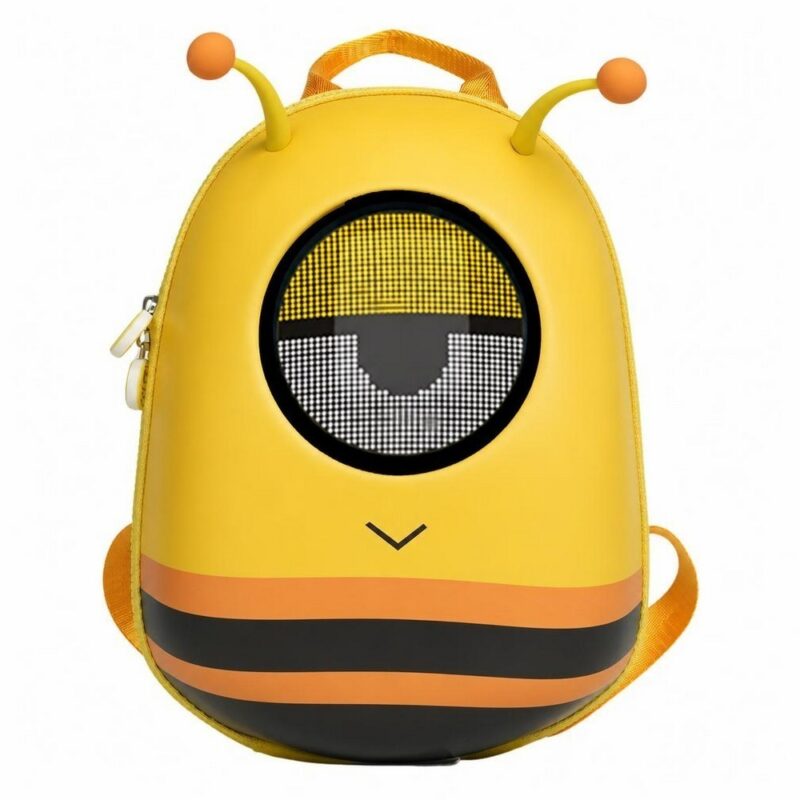 Un sac à dos LED pour enfant en forme d’abeille jaune, avec deux petites antennes, affichage lumineux sur le devant et bretelles visibles, posé sur fond blanc.