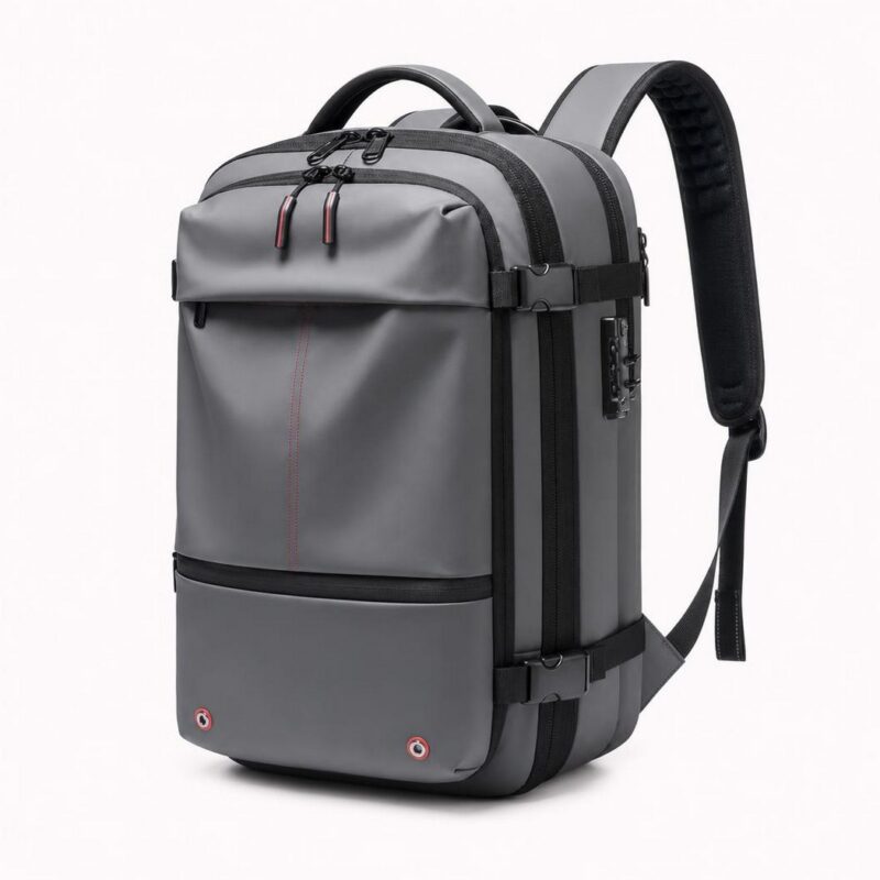 IMG_06_26_sac_dos_voyage_homme_compression_vide_pompe_1.jpg Un sac à dos voyage homme compression sous vide avec pompe gris, avec plusieurs fermetures éclair, des sangles de compression et une poignée sur le dessus, sur fond blanc.