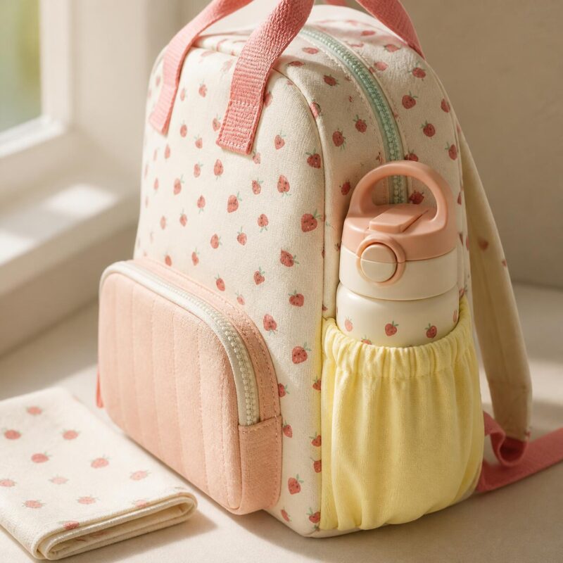 Offrez à votre enfant ce sac à dos maternelle enfant avec broderie fraise, pensé pour les premiers pas vers l'école. Son écrin écru orné de fraises brodées, sa poche frontale rose et ses filets jaunes composent un univers doux, pratique et facile à repérer en classe.