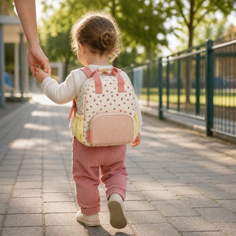 Offrez à votre enfant ce sac à dos maternelle enfant avec broderie fraise, pensé pour les premiers pas vers l'école. Son écrin écru orné de fraises brodées, sa poche frontale rose et ses filets jaunes composent un univers doux, pratique et facile à repérer en classe.