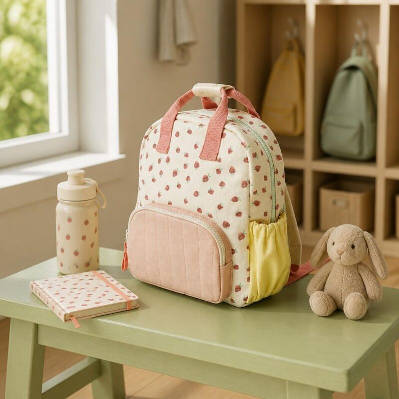 Offrez à votre enfant ce sac à dos maternelle enfant avec broderie fraise, pensé pour les premiers pas vers l'école. Son écrin écru orné de fraises brodées, sa poche frontale rose et ses filets jaunes composent un univers doux, pratique et facile à repérer en classe.