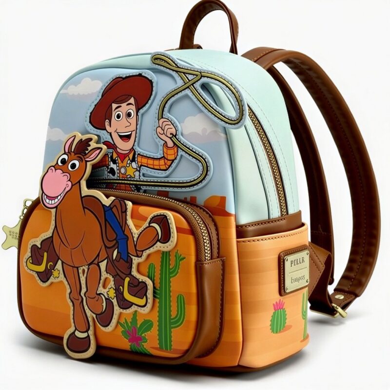 Un sac à dos Toy Story édition rodéo avec Woody, coloré, avec le personnage de Woody et un cheval, sur fond clair.