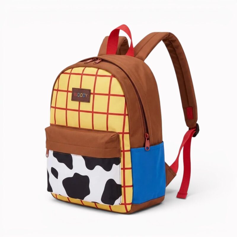 Un sac à dos Toy Story avec le personnage Woody, inspiré de Woody, avec motif jaune à carreaux, poche avant blanche et noire, et bretelles rouges sur fond blanc.