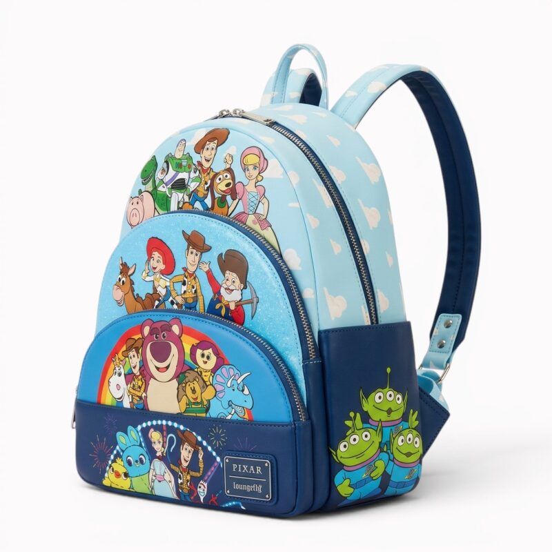 Un sac à dos Toy Story avec ses amis bleu, avec plusieurs personnages Pixar dessinés sur l’avant et les côtés, sur fond clair.