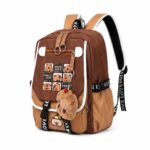Un sac à dos capybara au motif ours multi expressions marron et beige, avec petits dessins de capybara, posé sur fond blanc.