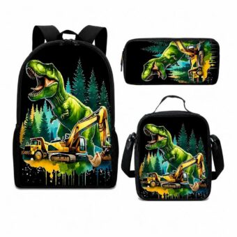 Un sac à dos dinosaure Tyrannosaure et engins de chantier noir avec un gros dinosaure vert et des pelleteuses jaunes, accompagné d’une petite trousse assortie sur fond blanc.