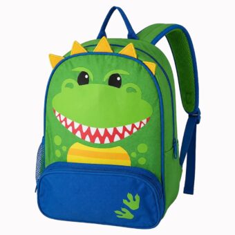 Un sac à dos dinosaure vert pour enfant avec un visage de dinosaure souriant, des détails bleus et une grande poche avant, sur fond blanc.