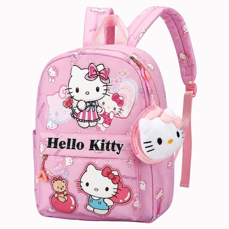 Un sac à dos Hello Kitty à motif chat mignon rose avec bretelles, poche avant et petit porte-monnaie en forme de tête de chat, sur fond blanc.