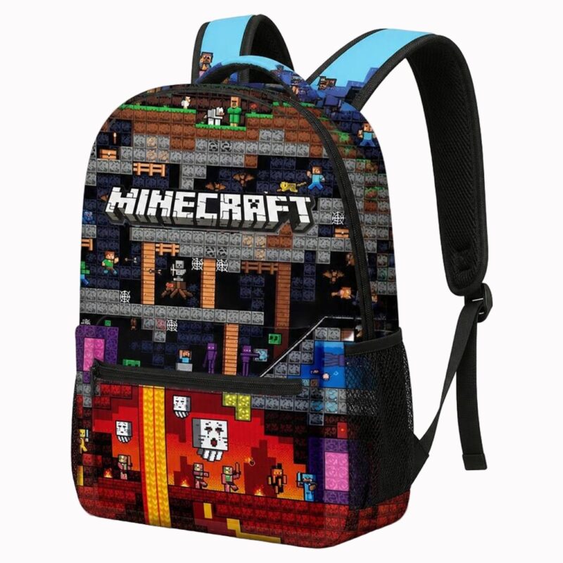 Un sac à dos Minecraft aux décors du monde souterrain et Nether coloré, avec des bretelles noires et des scènes du jeu sur le devant.