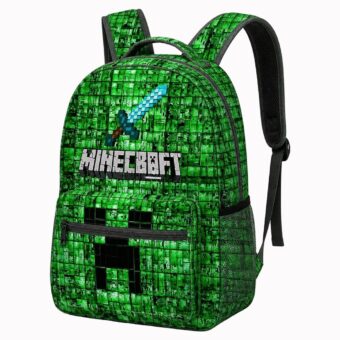 Un sac à dos Minecraft à grand visage de creeper imprimé vert, avec un grand motif de creeper et une poche avant zippée, posé sur fond blanc.