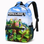Un sac à dos Minecraft avec impression du monde en 3D, bleu, avec les personnages et animaux du jeu sur l’avant.