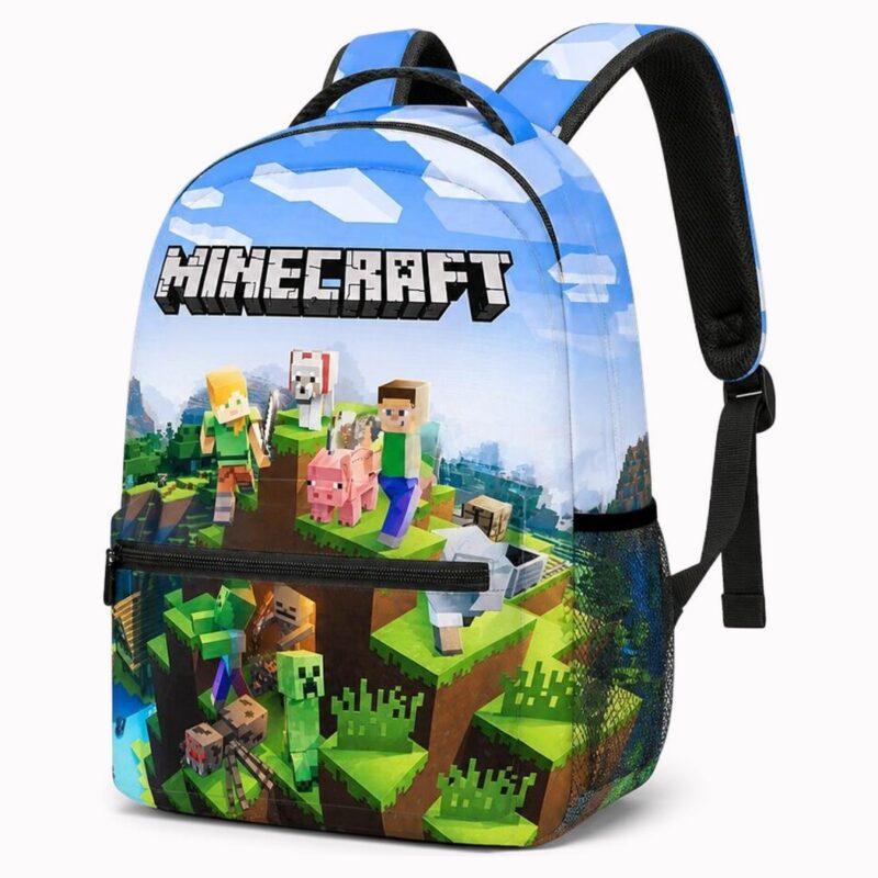 IMG_sac_dos_minecraft_impression_monde_3d_1.jpg Un sac à dos Minecraft avec impression du monde en 3D, bleu, avec les personnages et animaux du jeu sur l’avant.