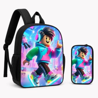Un sac à dos Roblox avec un avatar solo en tenue urbaine, imprimé en couleur avec un jeune personnage souriant sur fond néon, accompagné d’une petite trousse assortie.