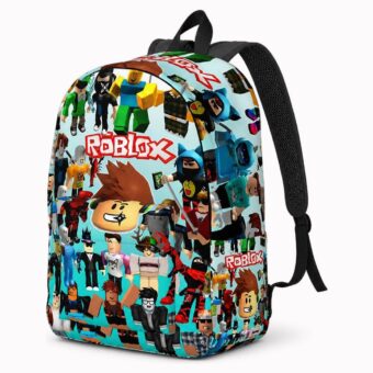 Un sac à dos Roblox avec collage de personnages sur fond clair, imprimé de nombreux avatars colorés et doté de bretelles noires.