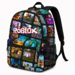 Un sac à dos Roblox avec imprimé sombre de scènes de jeu, noir, décoré de petites images colorées de jeux vidéo, avec des bretelles et une poche avant zippée.