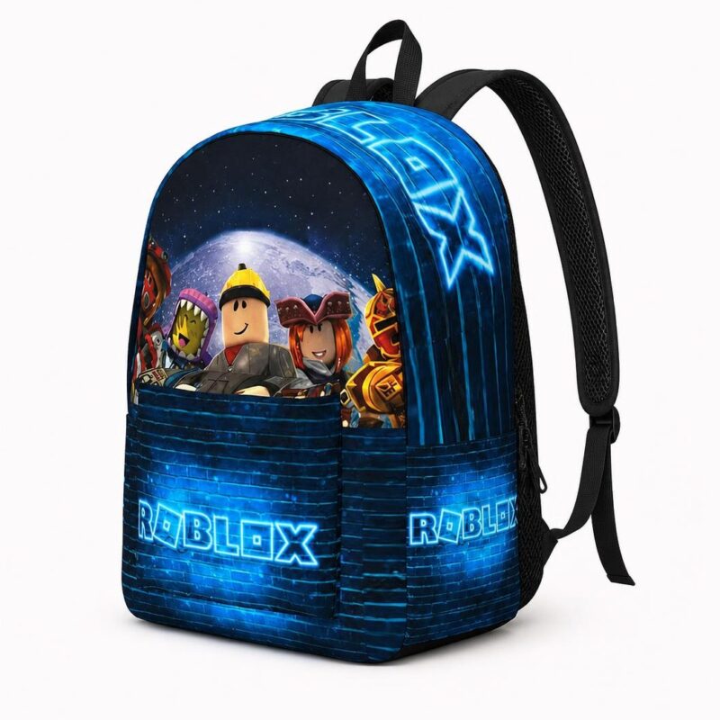 Un sac à dos Roblox au logo néon bleu et personnages colorés, avec un grand motif bleu lumineux, posé sur fond blanc.