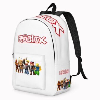 Un sac à dos Roblox au logo rouge et personnages alignés, blanc avec bretelles noires, présenté sur fond clair.