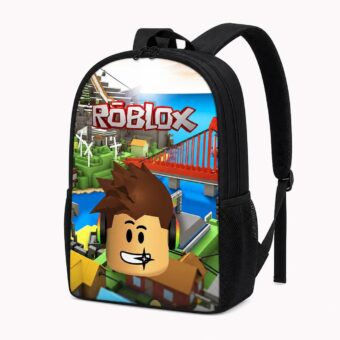 Un sac à dos Roblox avec personnage et scène de jeu imprimés, noir, avec une grande illustration colorée d’un personnage de jeu et d’un pont rouge.