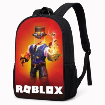 Un Sac à dos Roblox avec personnage steampunk au style magicien noir, avec un personnage Roblox souriant sur fond rouge et orange.