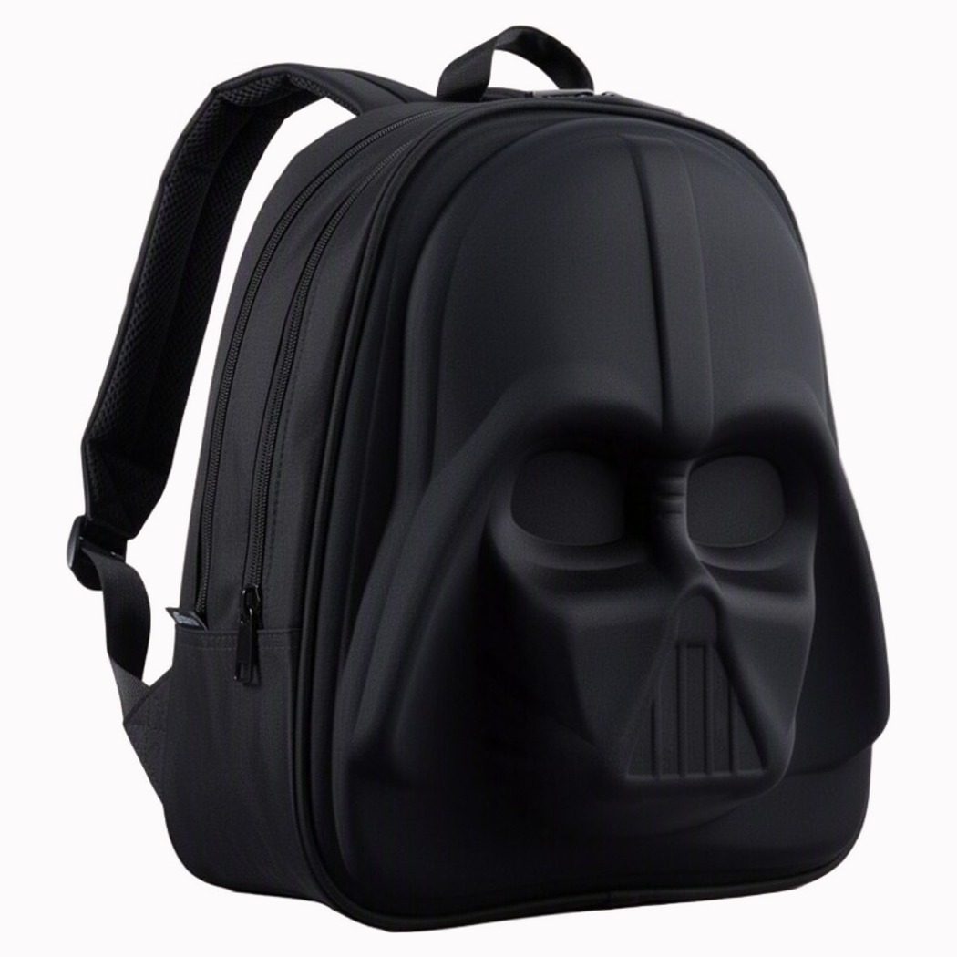 Un sac à dos Star Wars noir effet relief Dark Vador avec un visage en relief sombre, posé sur fond blanc.