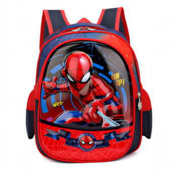 Un sac à dos Spiderman Web Team Up rouge et bleu avec Spider-Man sur le devant, posé sur fond blanc.