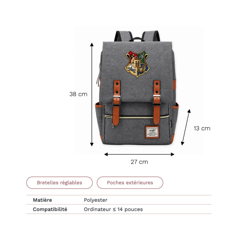 Sac à dos Harry Potter gris style collège avec ses dimensions : 38 cm de hauteur, 27 cm de largeur et 13 cm de profondeur.